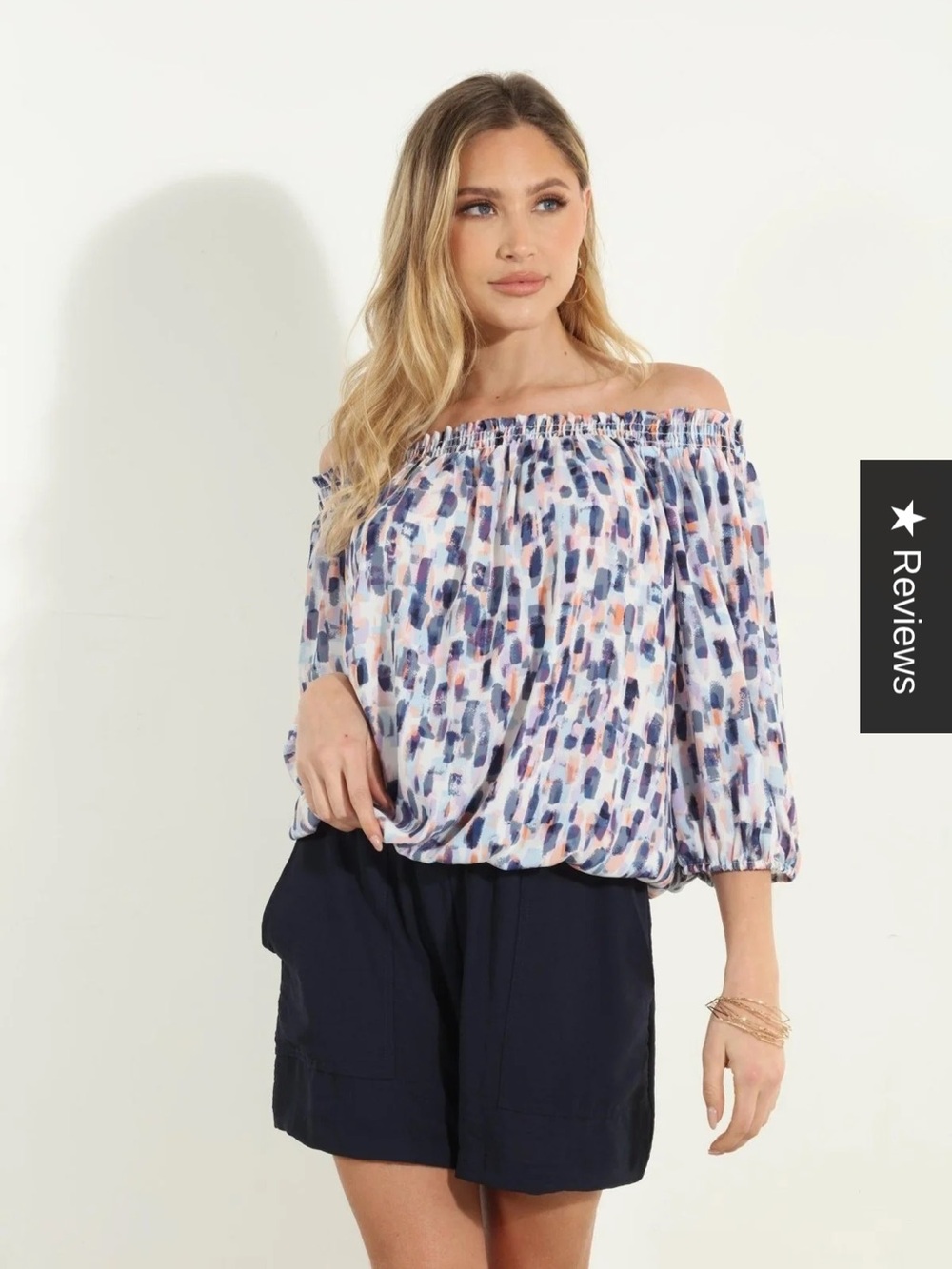 Pearl Smocked OTS Blouse, Blush/NavyIvory, L